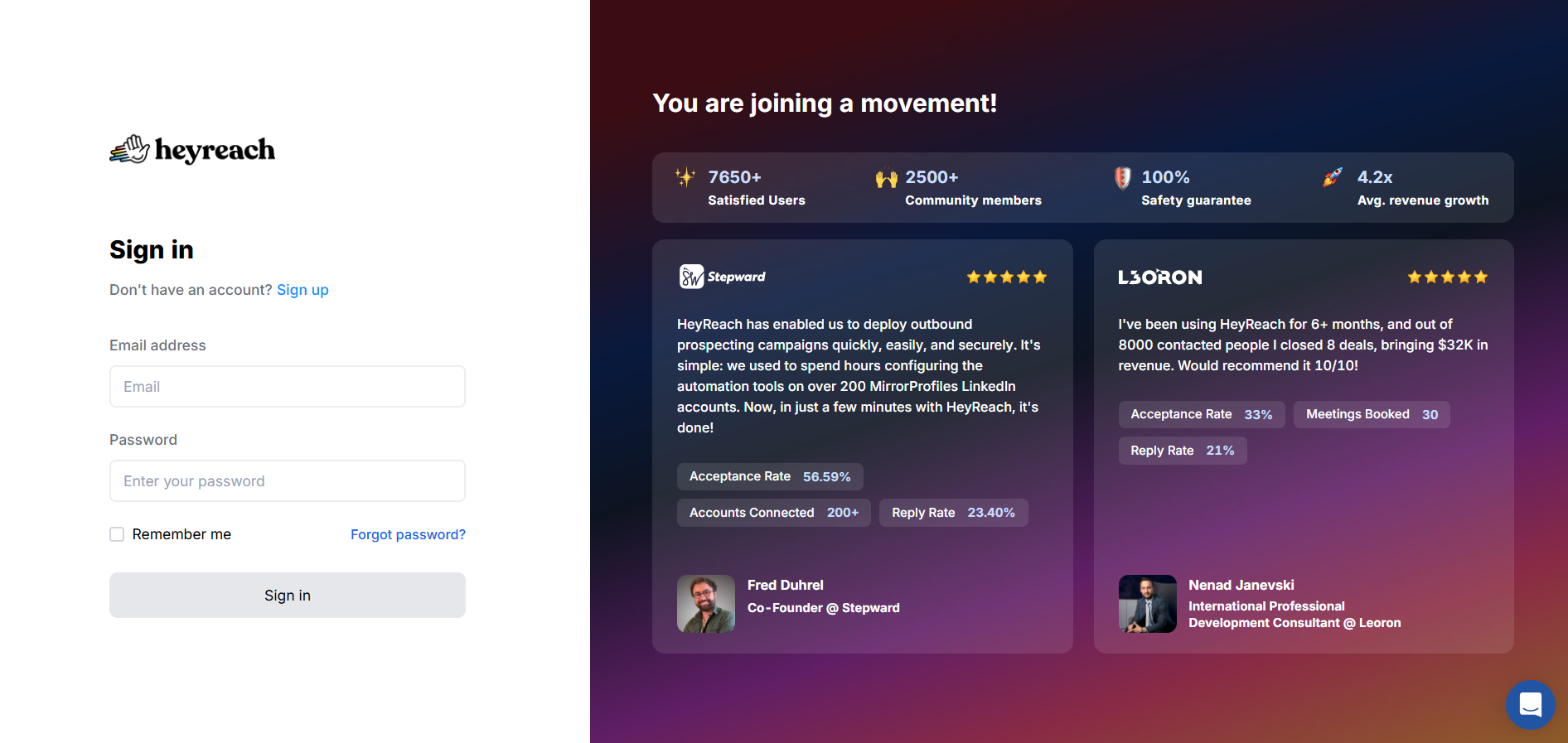 HeyReach login screen with email and password fields plus user reviews and growth stats.