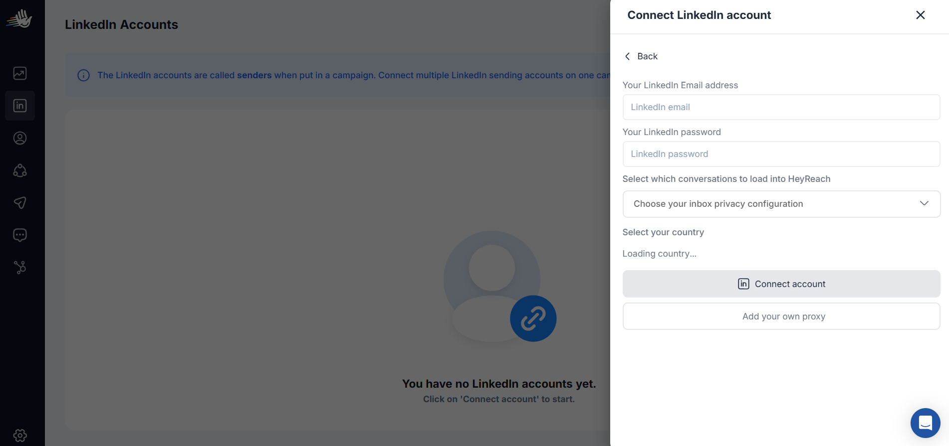 HeyReach screen to link a LinkedIn account with login fields and connect options.