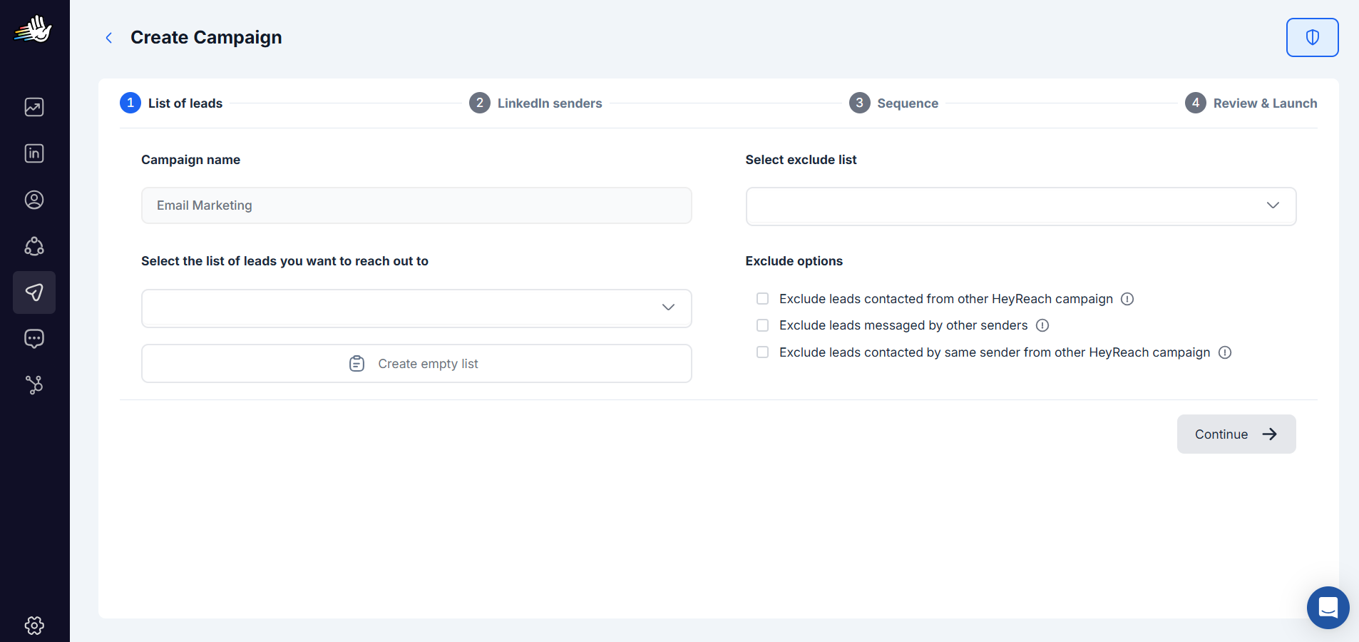 HeyReach Create Campaign screen showing fields for campaign name, lead lists, exclusion settings, and a Continue button.