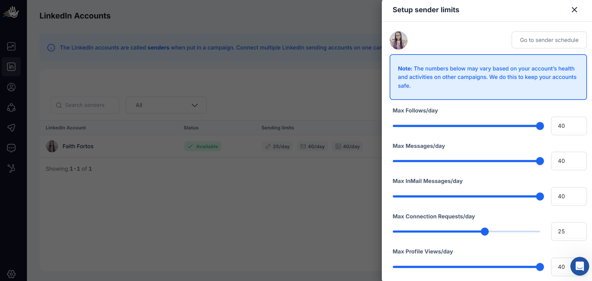 HeyReach screen showing sender limit settings with sliders for follows, messages, InMails, connection requests, and profile views.