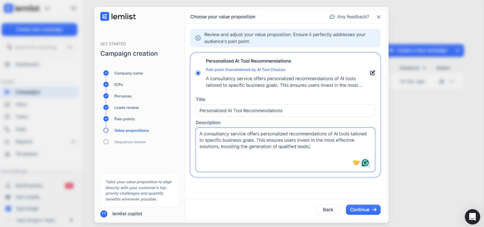 Lemlist screen with editable value proposition fields tied to audience challenges.