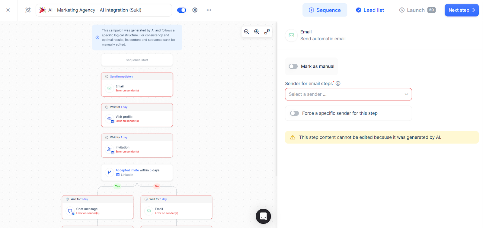 Lemlist campaign sequence view showing automated outreach steps created by AI.