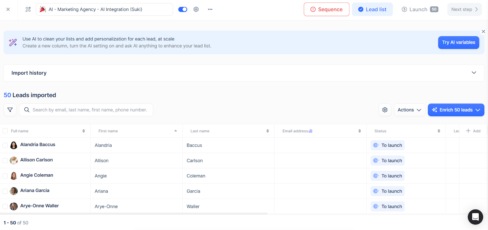 Lemlist lead list view showing 50 imported leads with names, details, and “To launch” status.