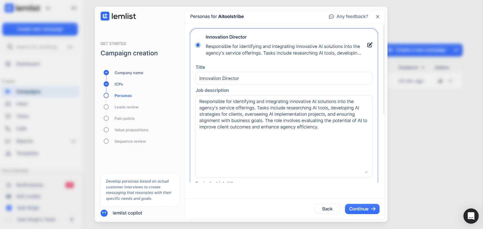 Lemlist persona setup screen with editable title and job description fields.