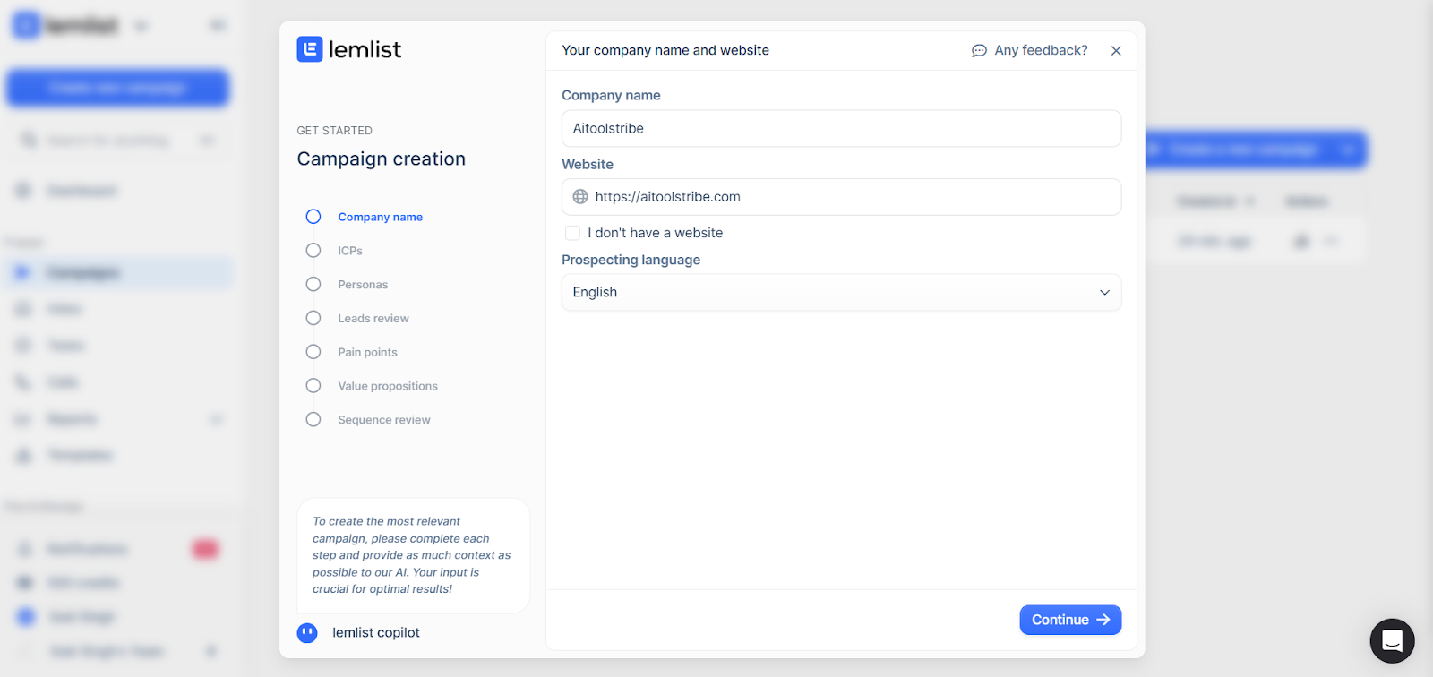 Lemlist campaign setup screen to add company details and select language.