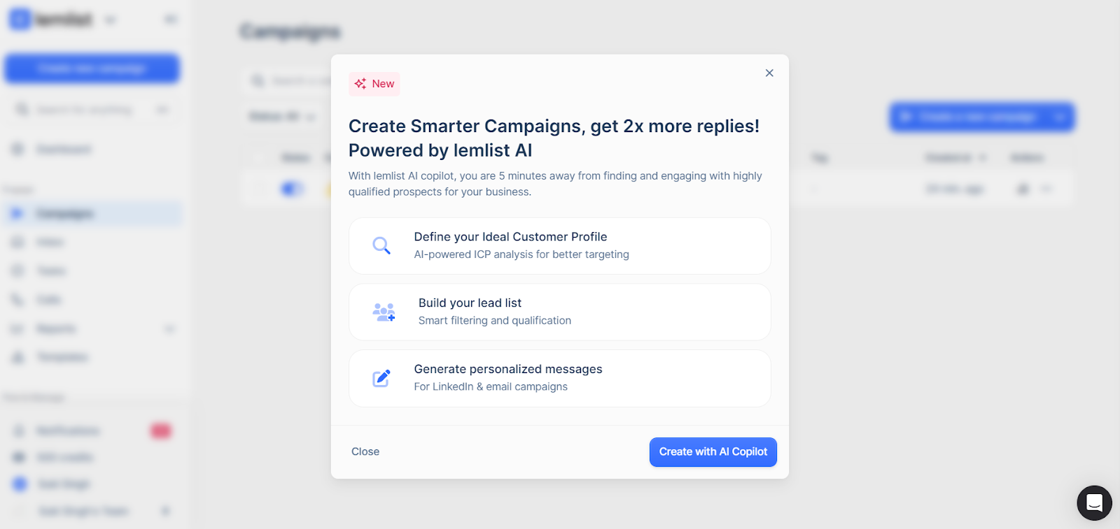 Lemlist AI Copilot screen with options to define profile, build leads, and create messages.