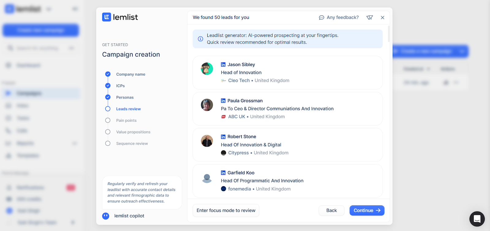 Lemlist lead review screen showing AI-suggested contacts with names, roles, and companies.