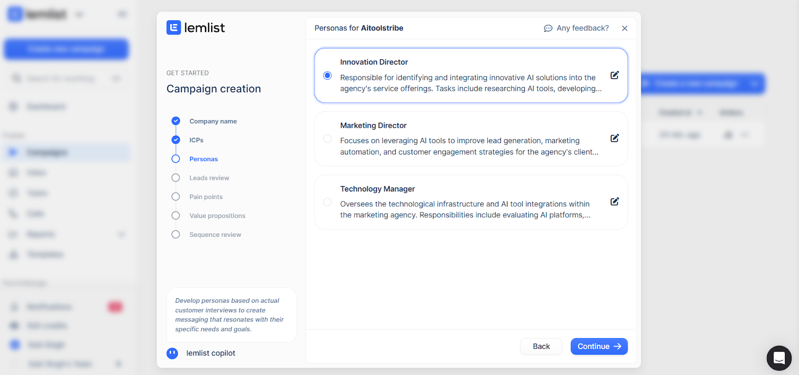 Lemlist screen showing persona options with role descriptions for targeting outreach.