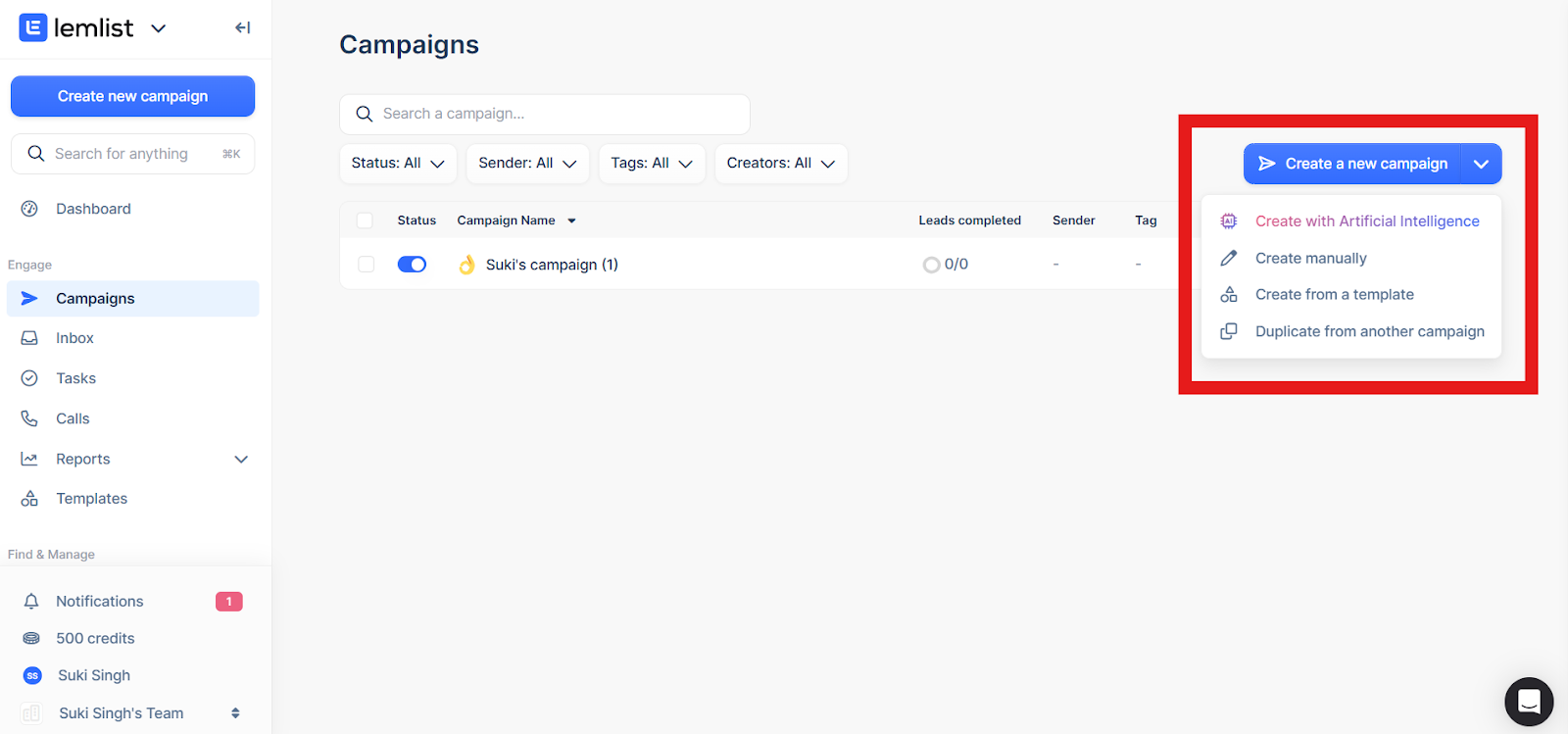 Lemlist dashboard with “Create with AI” option highlighted.