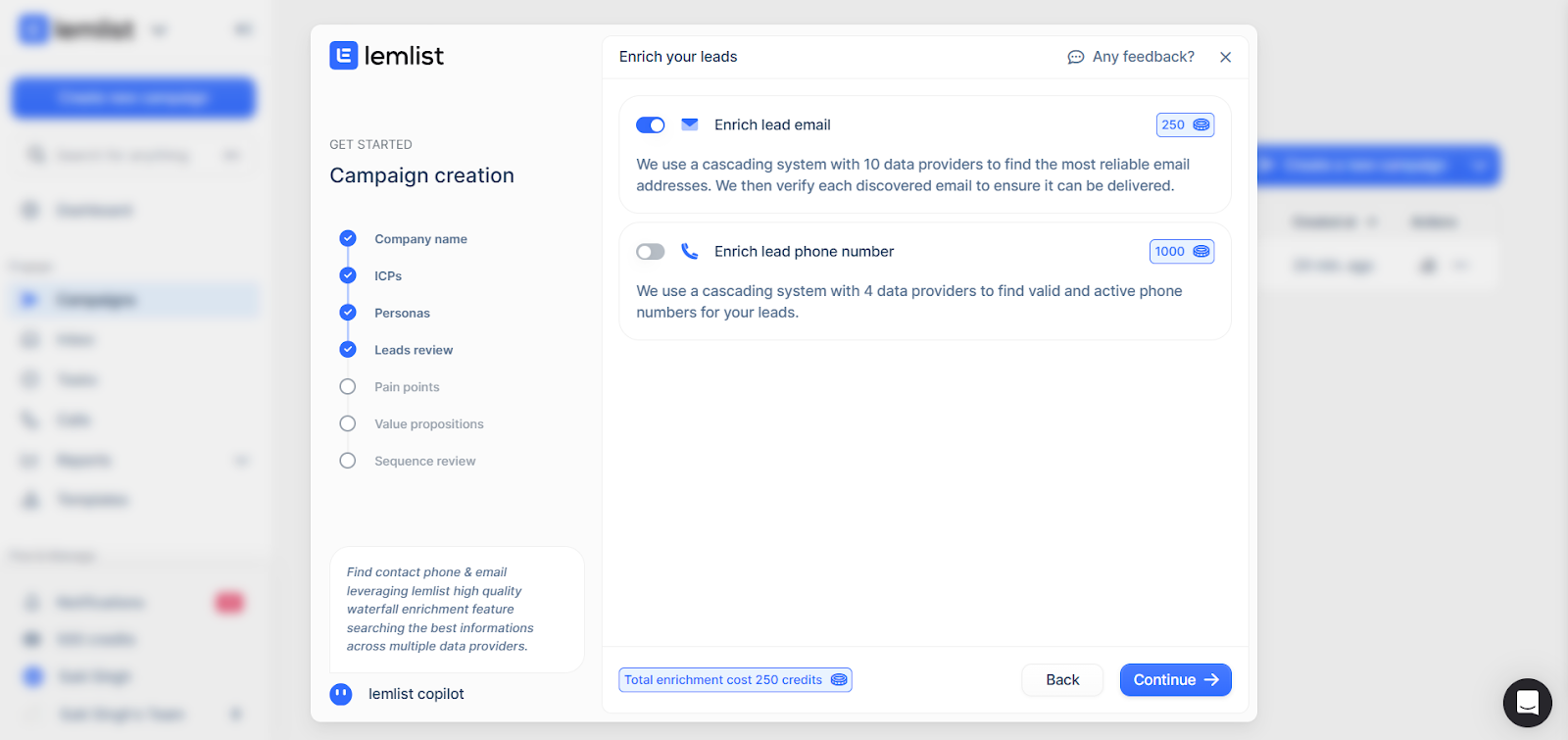 Lemlist enrichment screen showing options to add missing emails and phone numbers using credits.