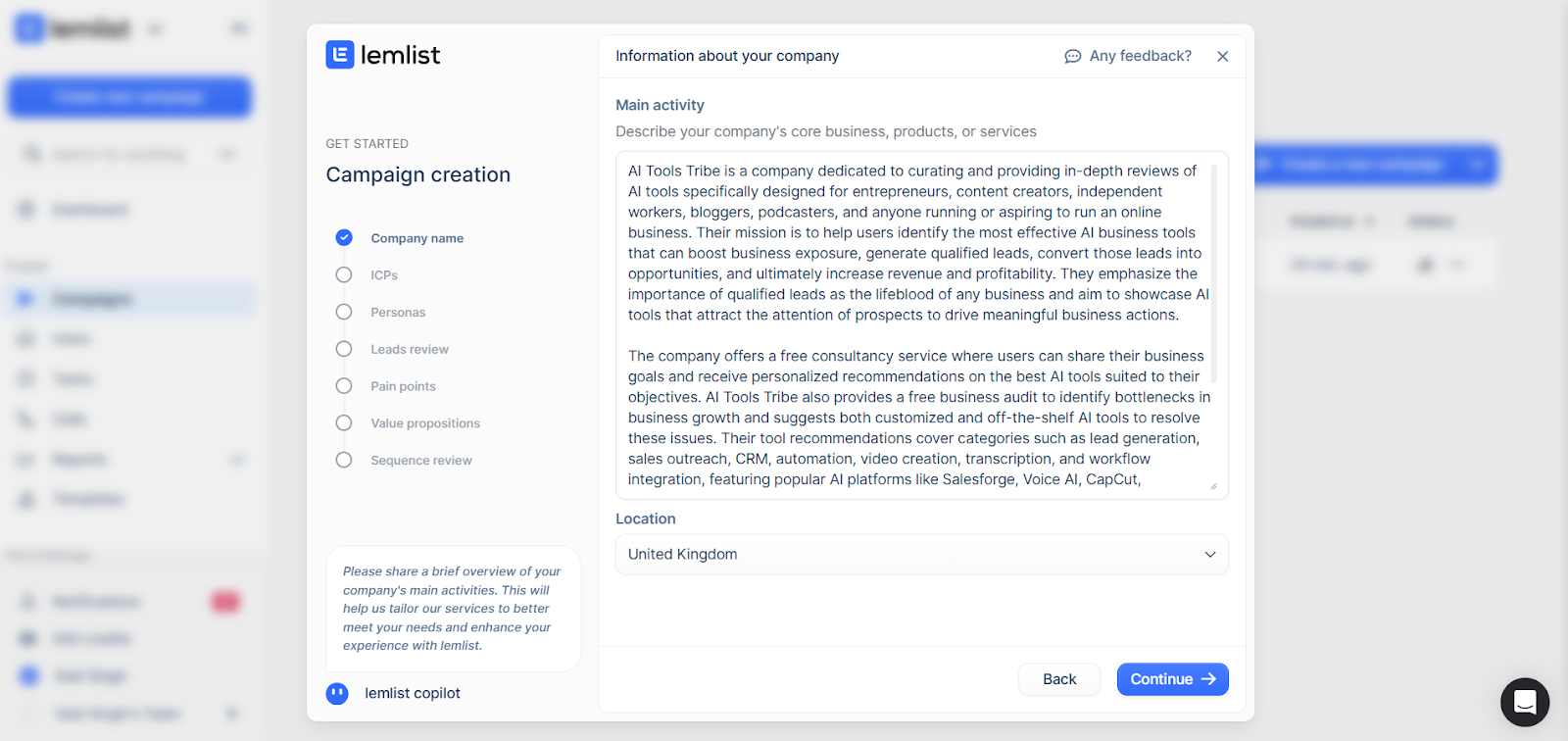 Lemlist screen with auto-generated, editable company description.