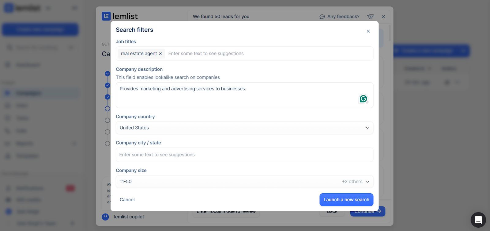 Lemlist search filters menu with options for job title, company details, location, and size.