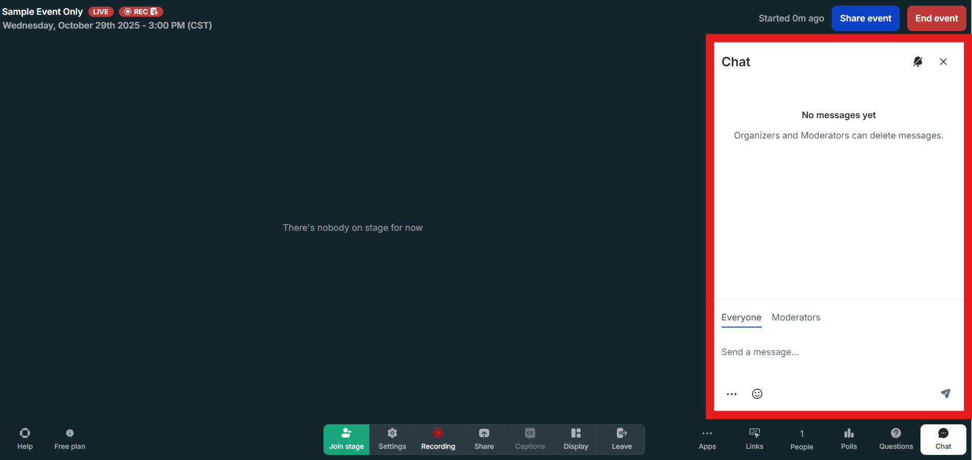 Screenshot of a Livestorm webinar showing the chat panel and event controls.