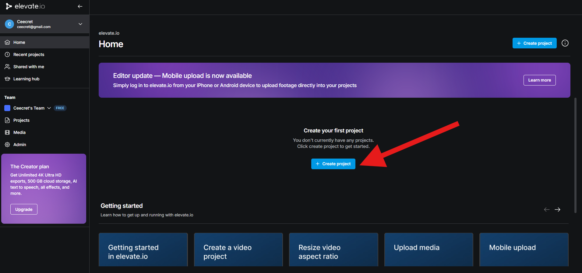 Elevate.io dashboard showing navigation menu on the left and a Create Project button highlighted in the center.