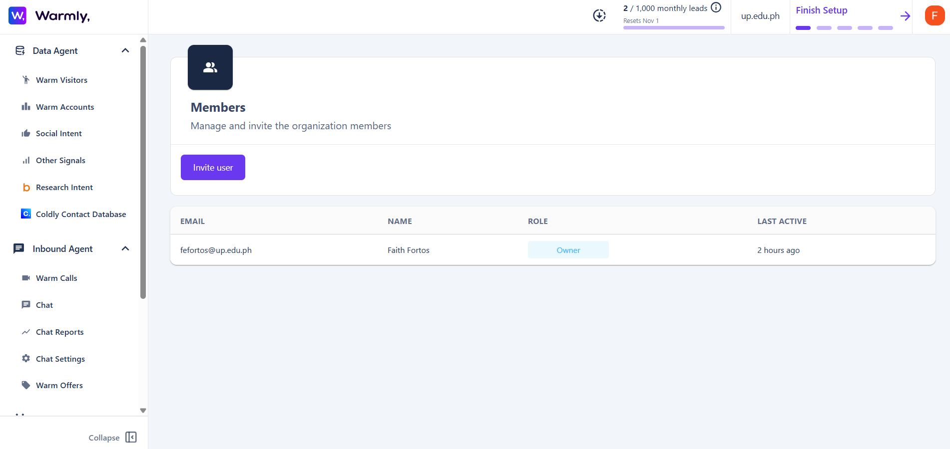 Screenshot of Warmly AI’s Members tab showing the “Invite user” button and a list of team members with their roles and activity status.