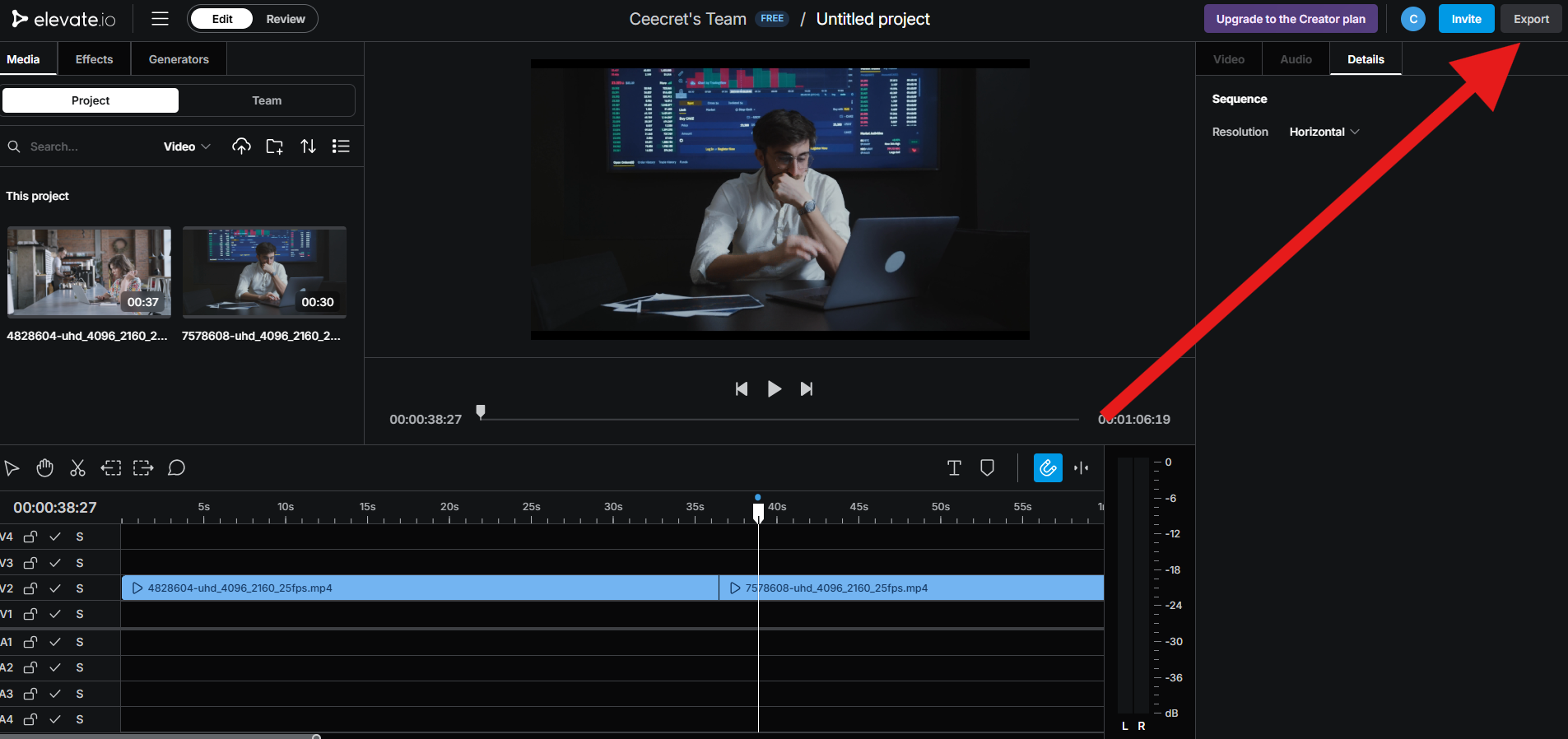 Elevate.io editing dashboard with a red arrow pointing to the Export button in the upper right corner.