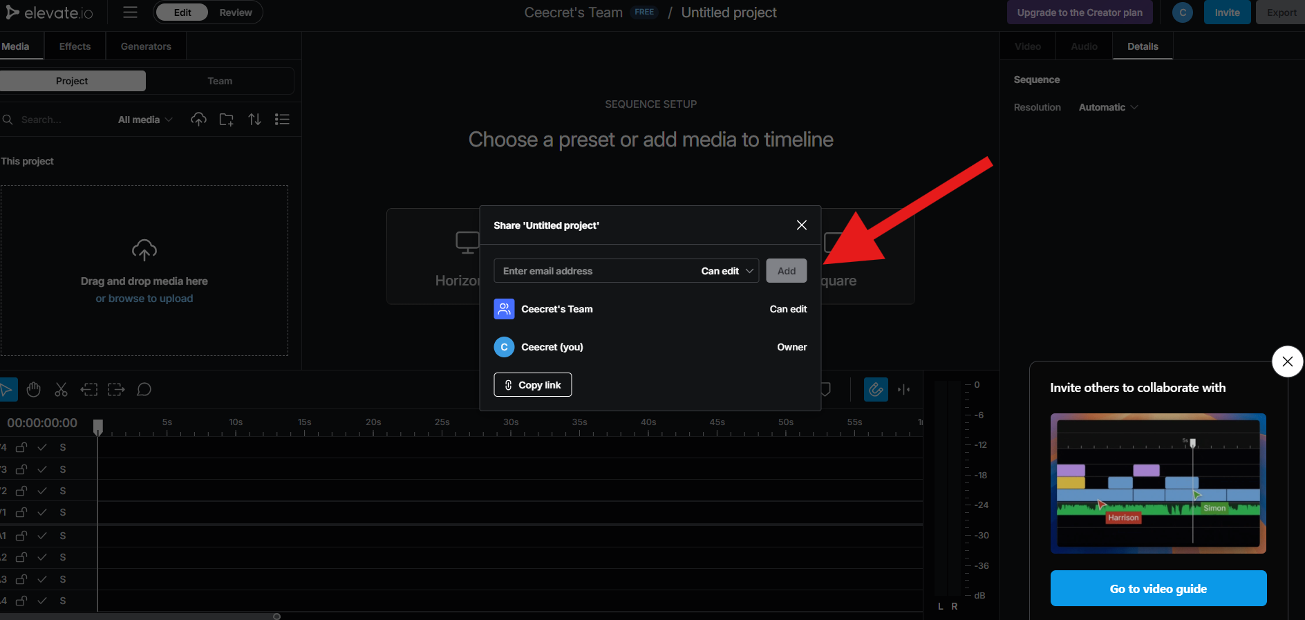 Elevate.io share window showing email input and permission options for inviting collaborators to a project.