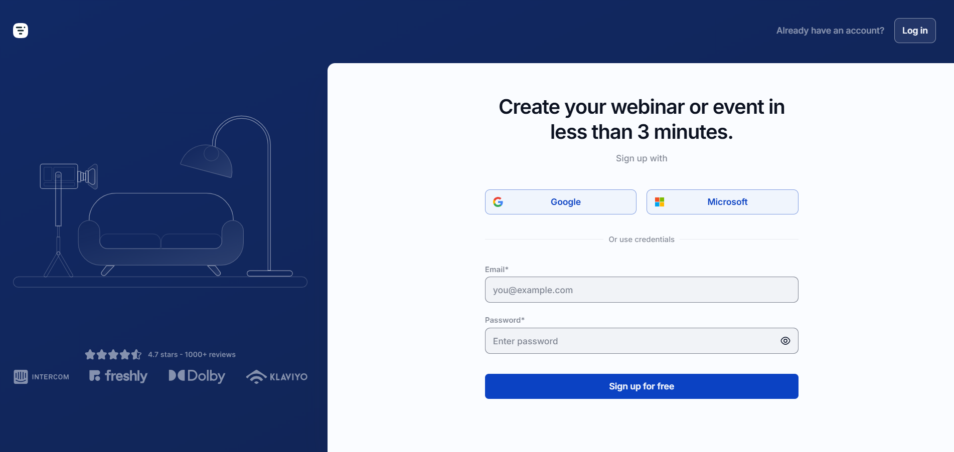 Screenshot of Livestorm’s sign-up page showing options to register.