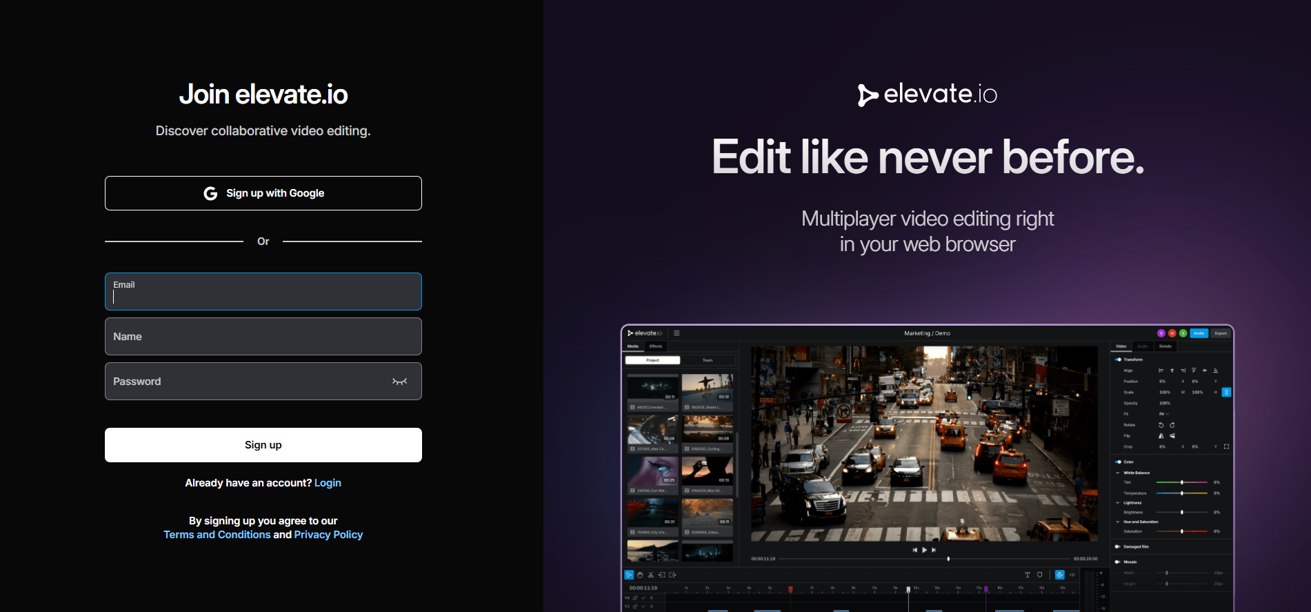 Elevate.io sign-up page with email, name, and password fields.