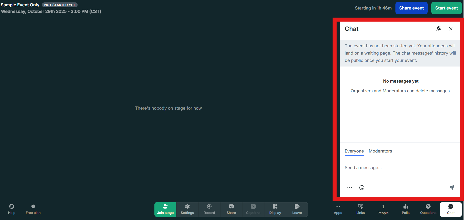 Livestorm event dashboard showing chat panel and “Start event” button.