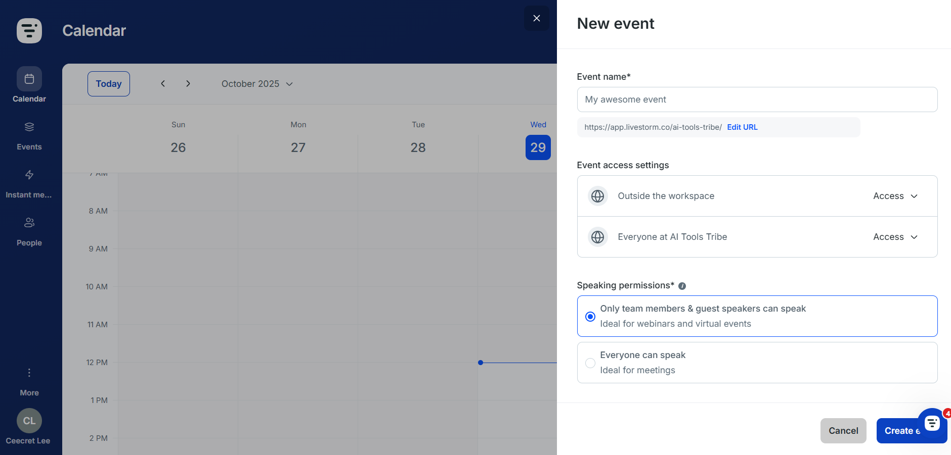 Screenshot of the Livestorm dashboard with the “New Event” setup panel.