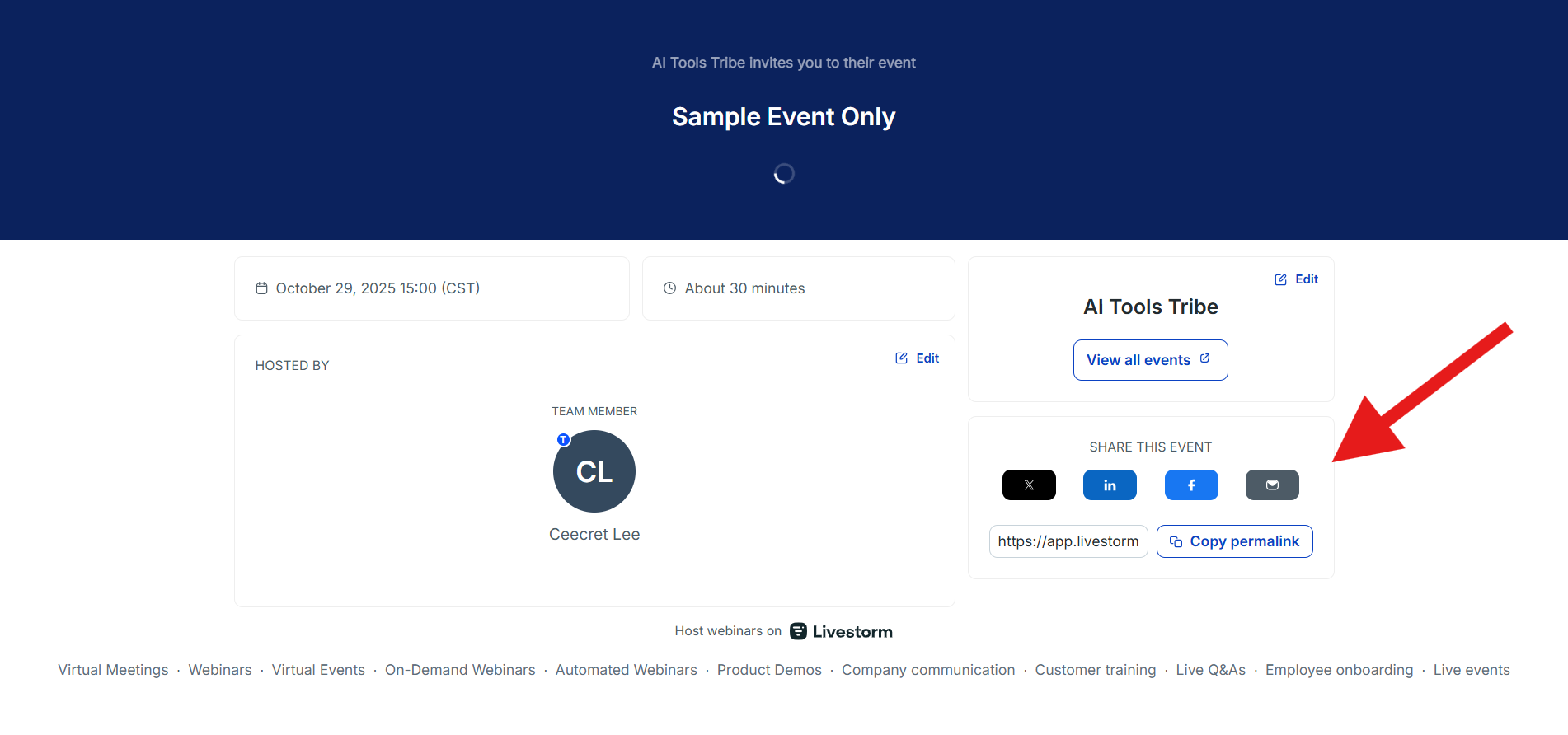 Screenshot of a Livestorm event details page highlighting the “Share This Event” section with social media buttons (LinkedIn, Facebook, X, and Email) and a “Copy permalink” button for sharing the registration link.