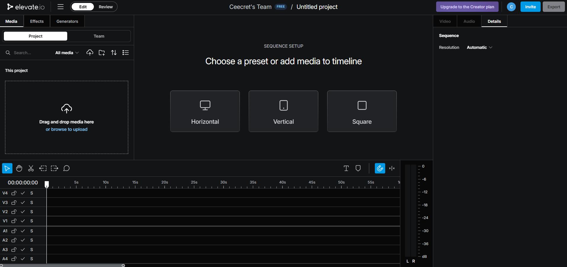 Elevate.io editor showing sequence setup options for horizontal, vertical, or square video presets.