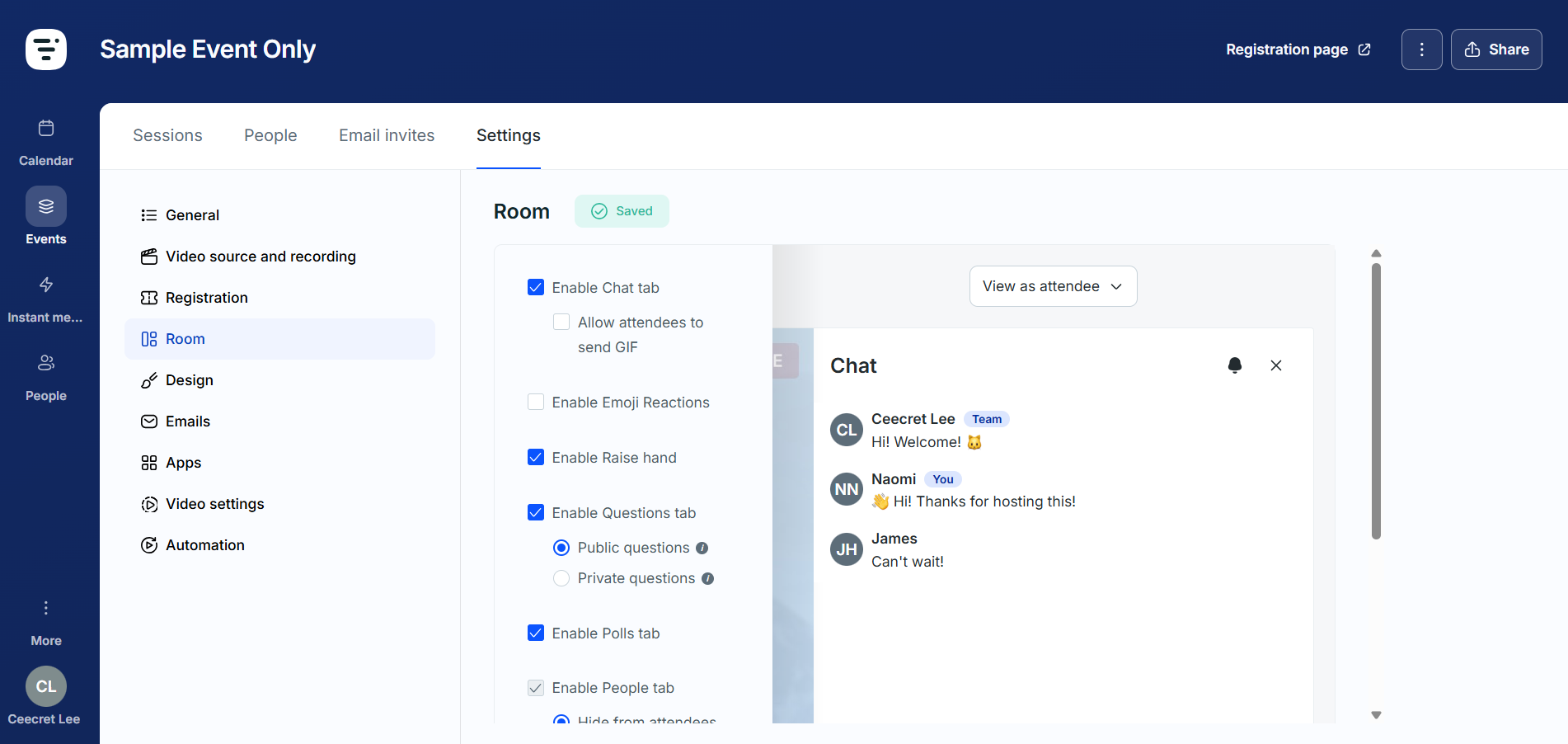 Screenshot of the Livestorm “Room” settings panel where users can enable interactive features.