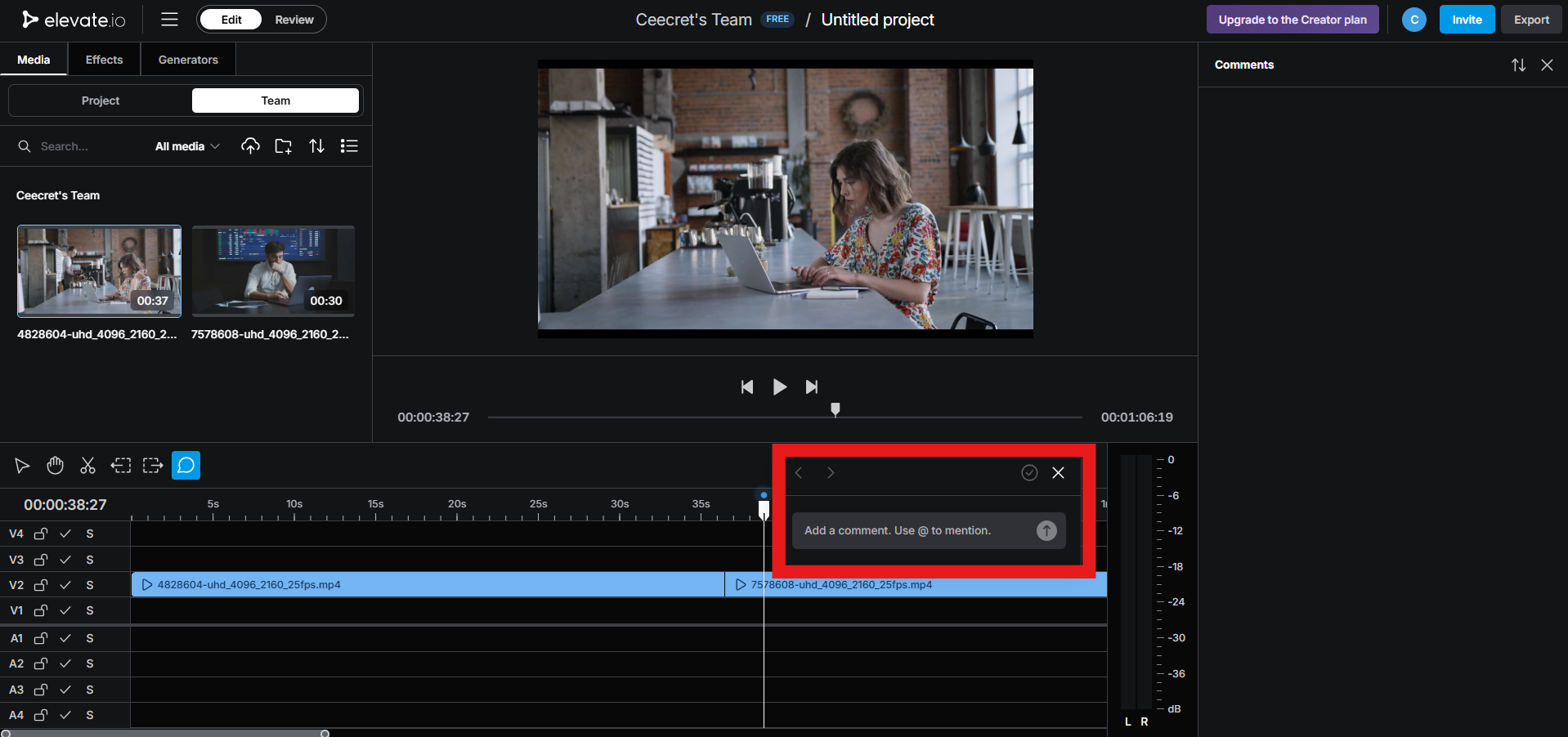 Elevate.io timeline with comment box open for adding feedback and tagging collaborators in a video project.