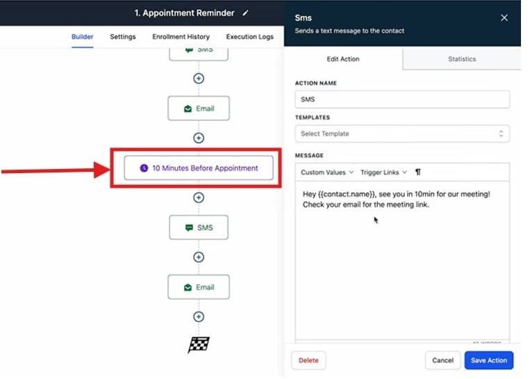 GHL Workflow Builder showing a highlighted 'Wait' action followed by an SMS reminder message panel.