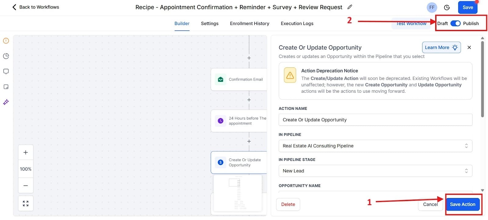 Screenshot of the GHL Workflow Builder showing the 'Create Or Update Opportunity' configuration panel, highlighting the 'Save Action' button (1) and the 'Publish' toggle switch (2).
