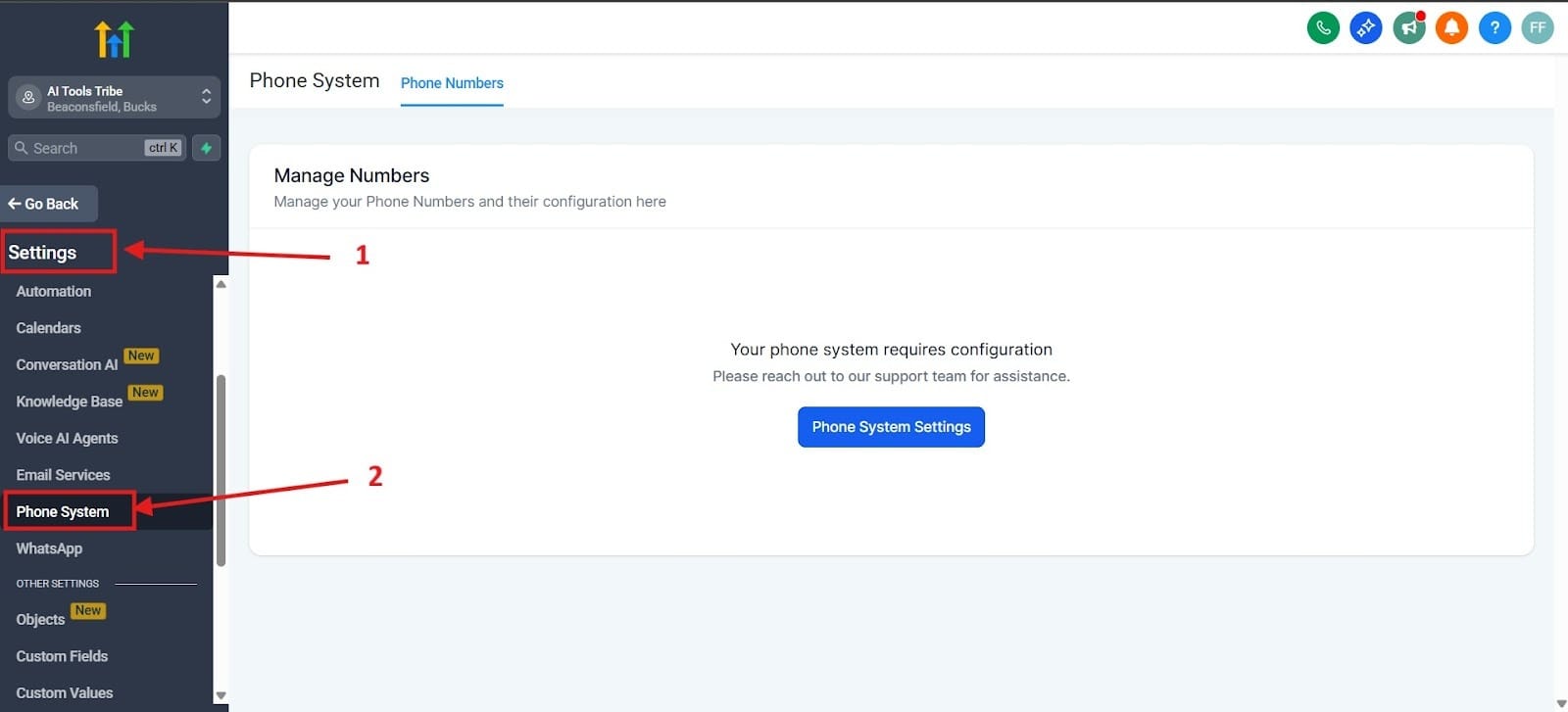 The image shows you how to locate your settings and navigate to Phone System from the menu.