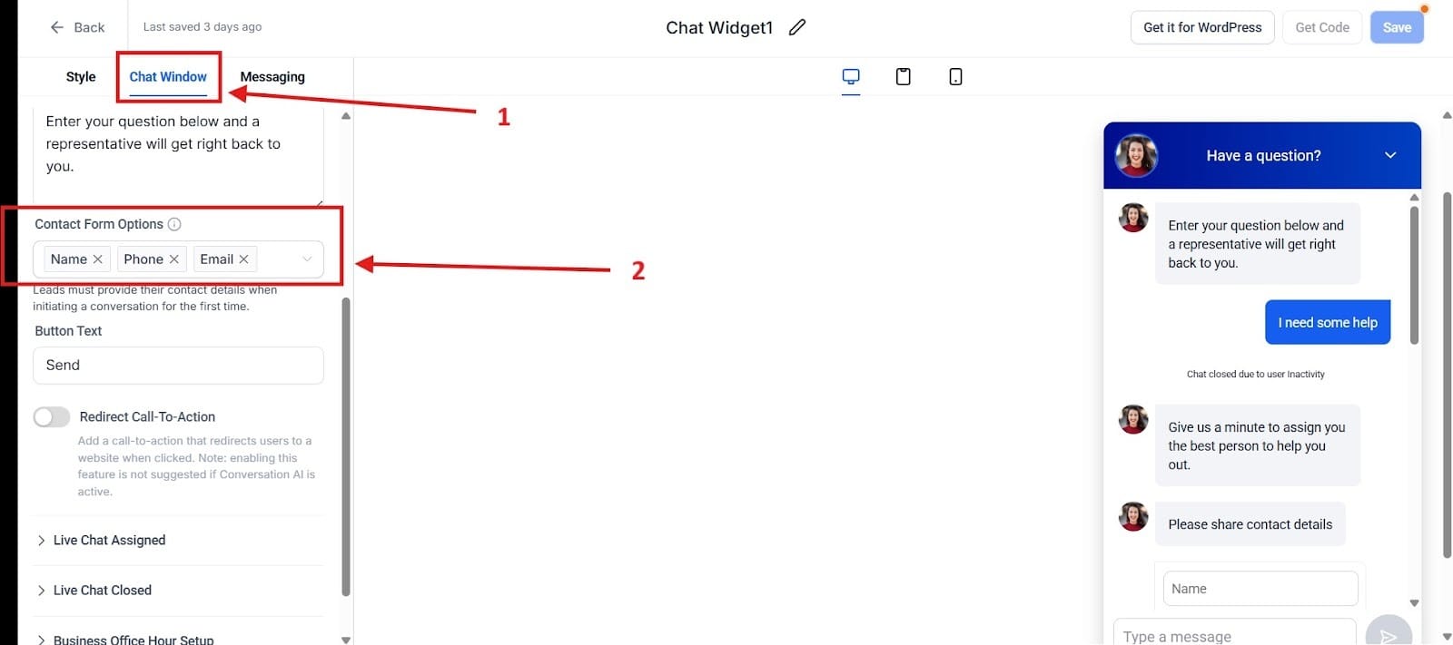 Look at the image here to learn how to customize the Contact Form Options.