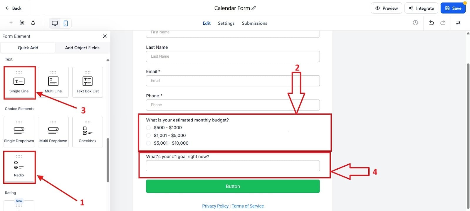 GHL Form Builder showing the 'Radio' (1) and 'Single Line' (3) field elements being used to create custom qualifying questions (2 and 4).