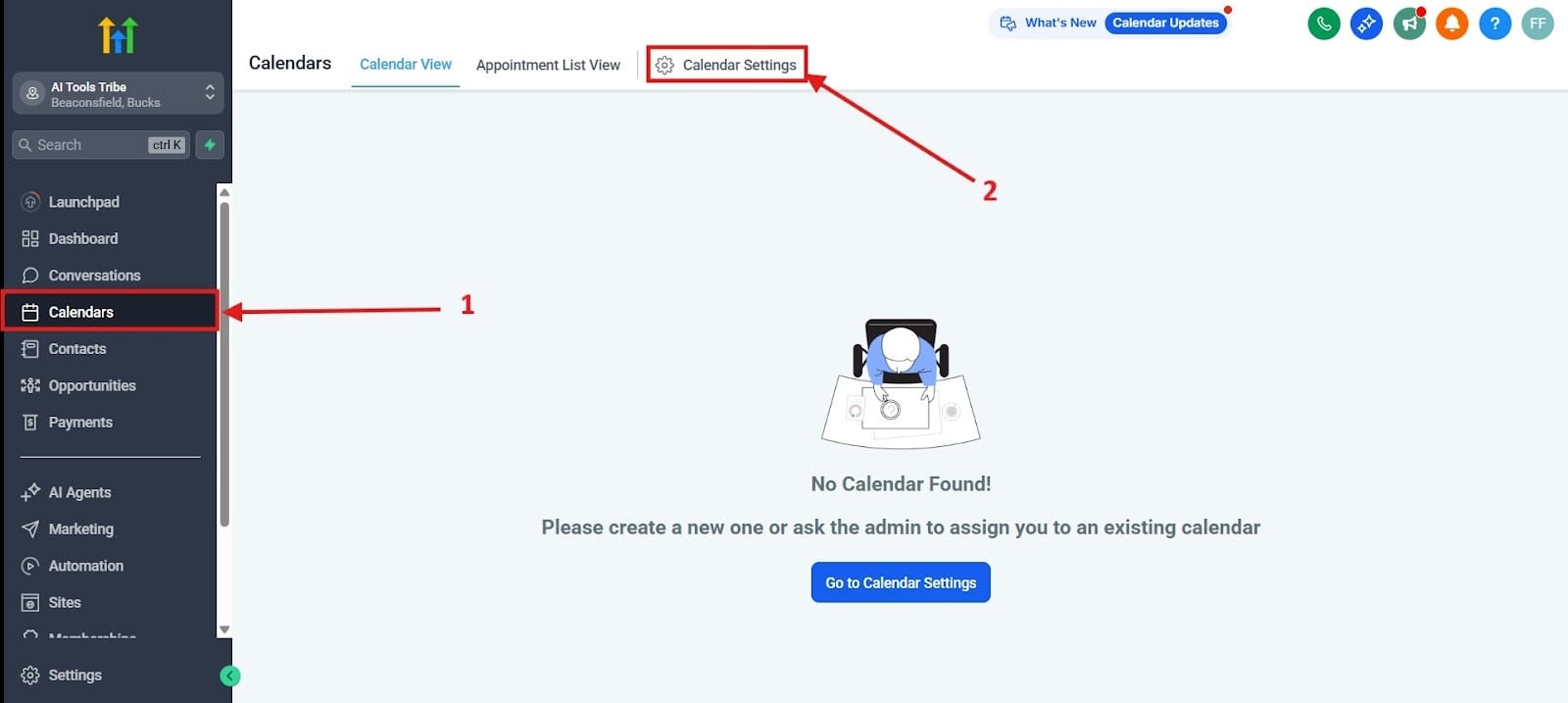Screenshot showing steps to access calendar settings: Step 1 highlights 'Calendars' in the sidebar, Step 2 highlights 'Calendar Settings' at the top.