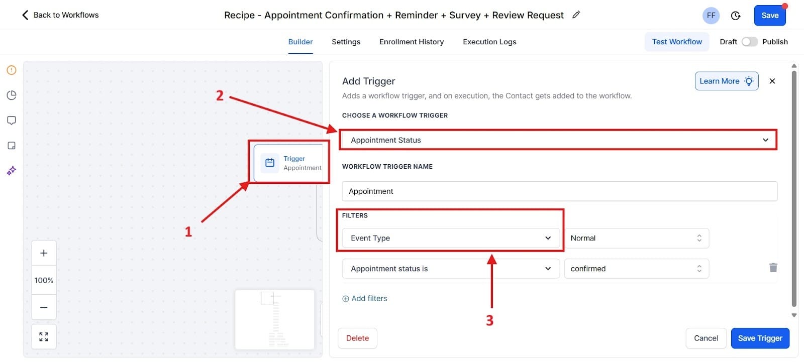 GHL Workflow setup showing the 'Appointment' trigger (1) and configuration panel with 'Appointment Status' (2) and 'Event Type' filter (3).