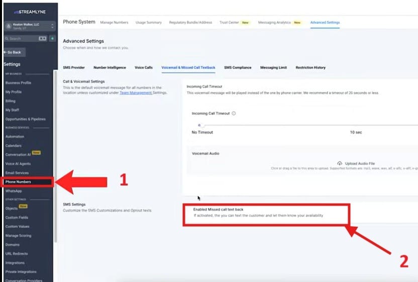 The image shows you how to navigate to the Missed Call Text-Back Feature.