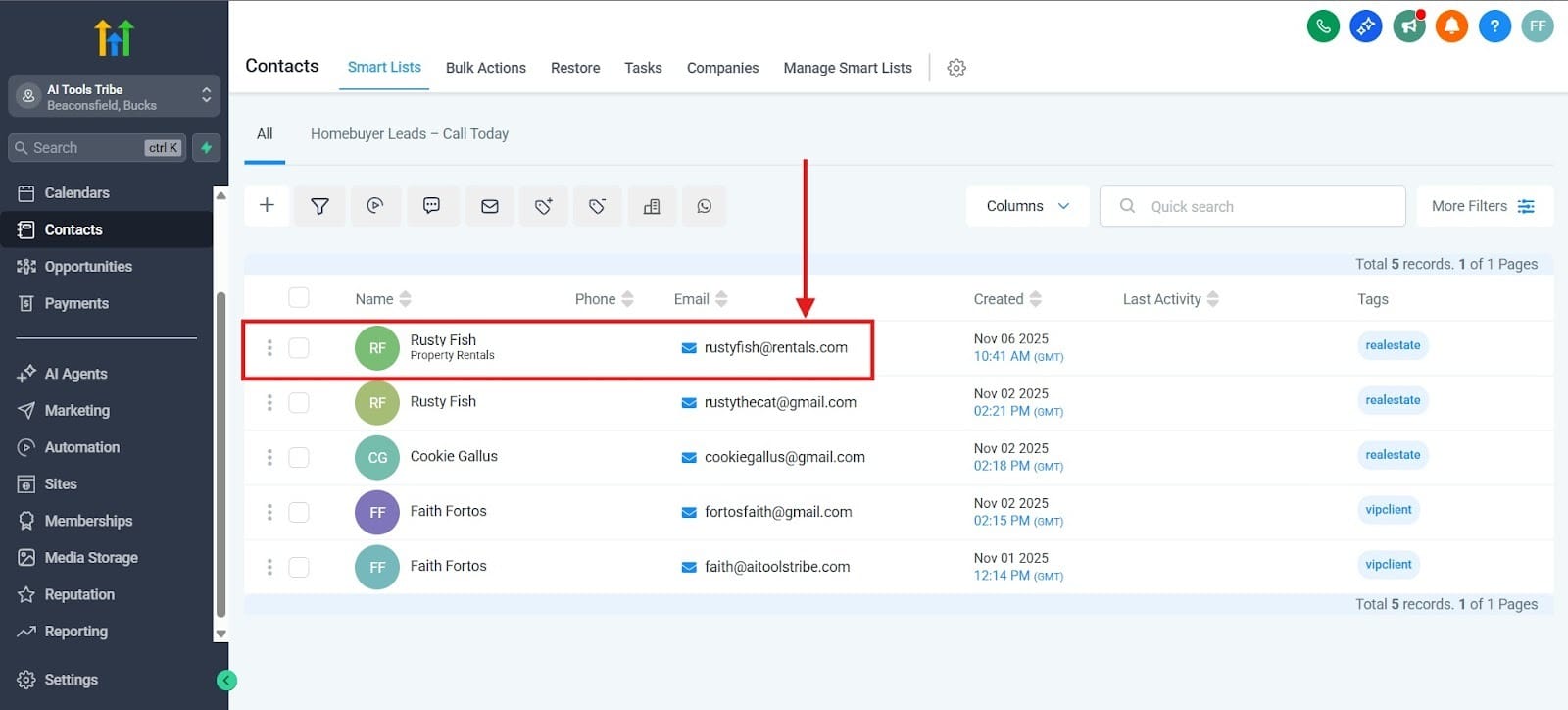 Screenshot of the GoHighLevel (GHL) Contacts list, showing a new contact entry at the top, highlighted with a red box and an arrow, confirming successful lead submission.