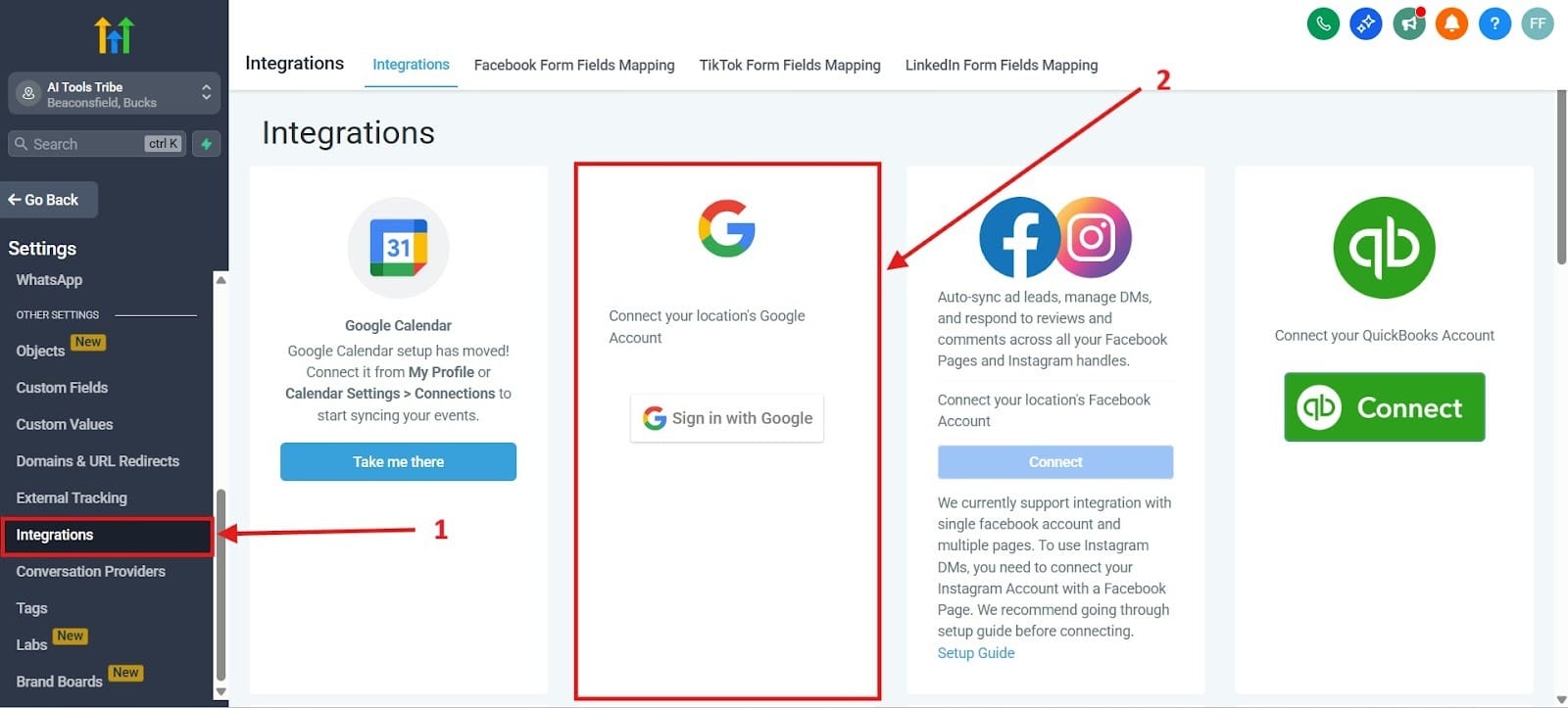 Screenshot of the GoHighLevel (GHL) Integrations page, highlighting the 'Integrations' menu item (1) and the card for connecting a Google Account (2) to sync personal calendar data.