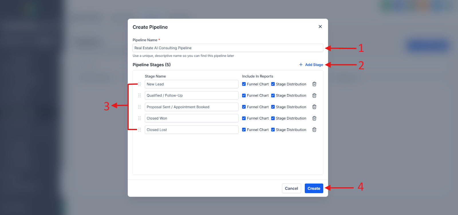 GoHighLevel “Create Pipeline” window with fields for pipeline name, stages, and the Create button highlighted.