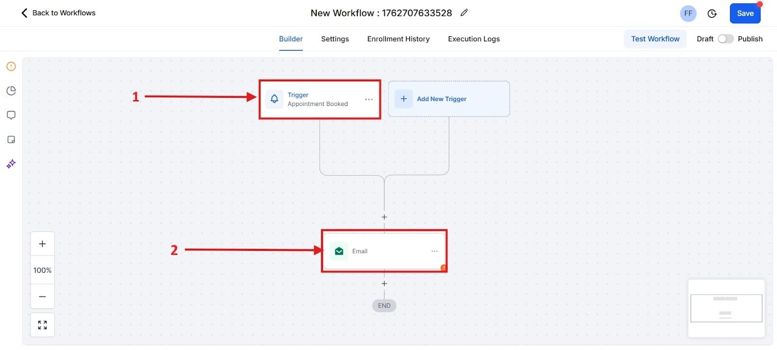 Screenshot of the GHL Workflow Builder showing a simple automation with the 'Appointment Booked' trigger (1) connected to an 'Email' action (2) for confirmation.