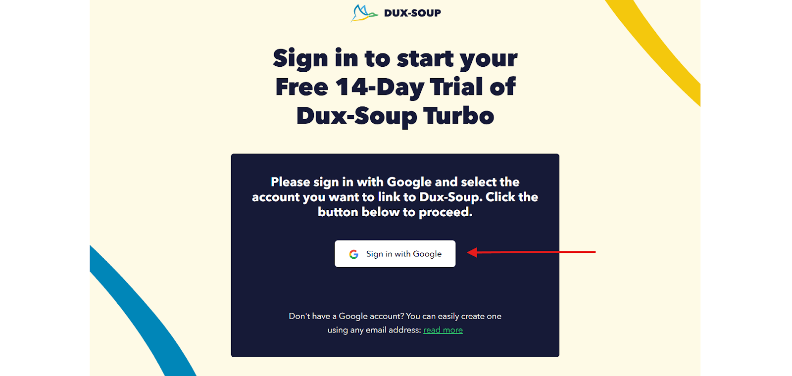 Dux-Soup sign-in page with a highlighted “Sign in with Google” button.