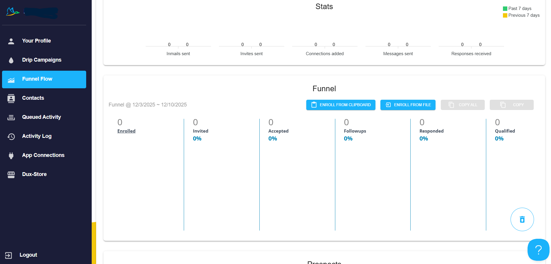 Screenshot of the Funnel Flow dashboard with statistics like enrolled, invited, and accepted.