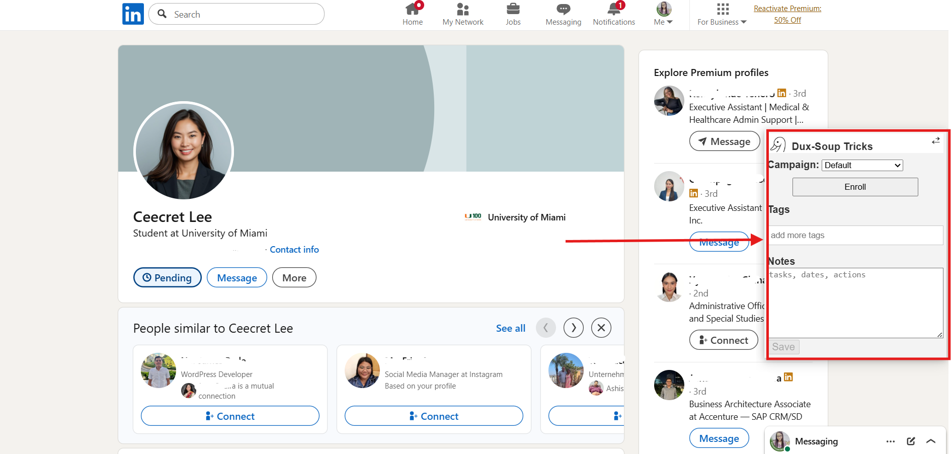 Screenshot of a LinkedIn profile with Dux-Soup pop-up prompt on the left side with tags and notes field.