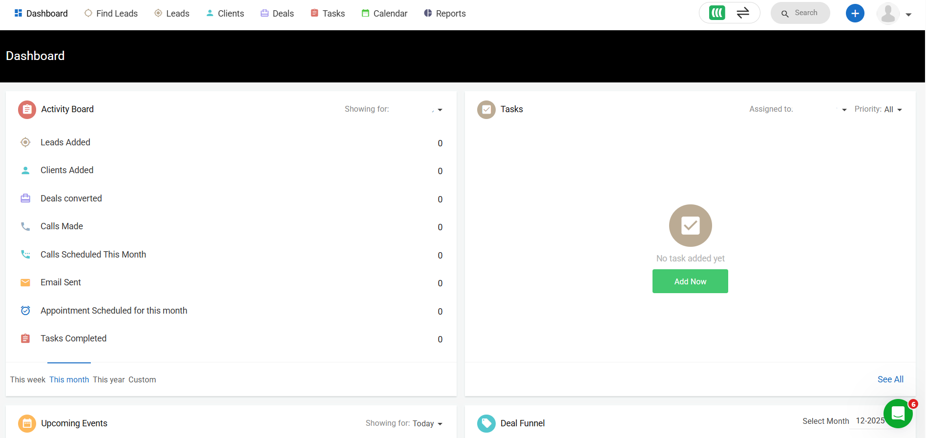 EasyWebinar CRM dashboard showing activity, tasks, deals, and events.