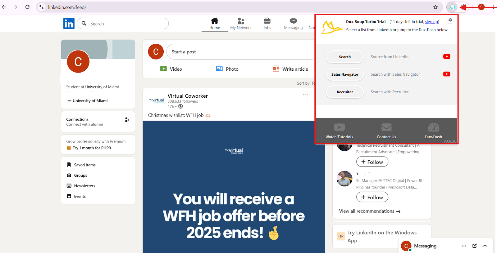 Screenshot of LinkedIn feed with Dux-Soup extension panel open.