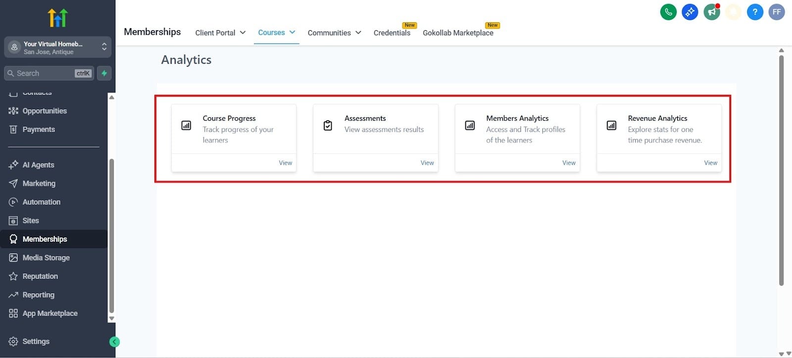 Use the analytics above to set up courses for GHL.