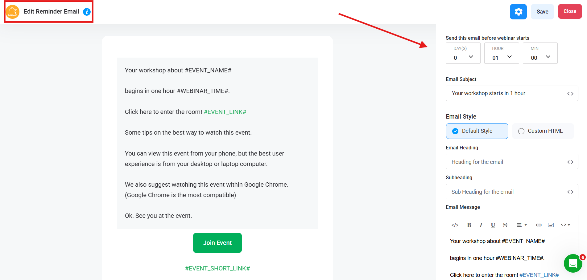 Screenshot of EasyWebinar "Edit Reminder Email" interface, showing email preview on left.