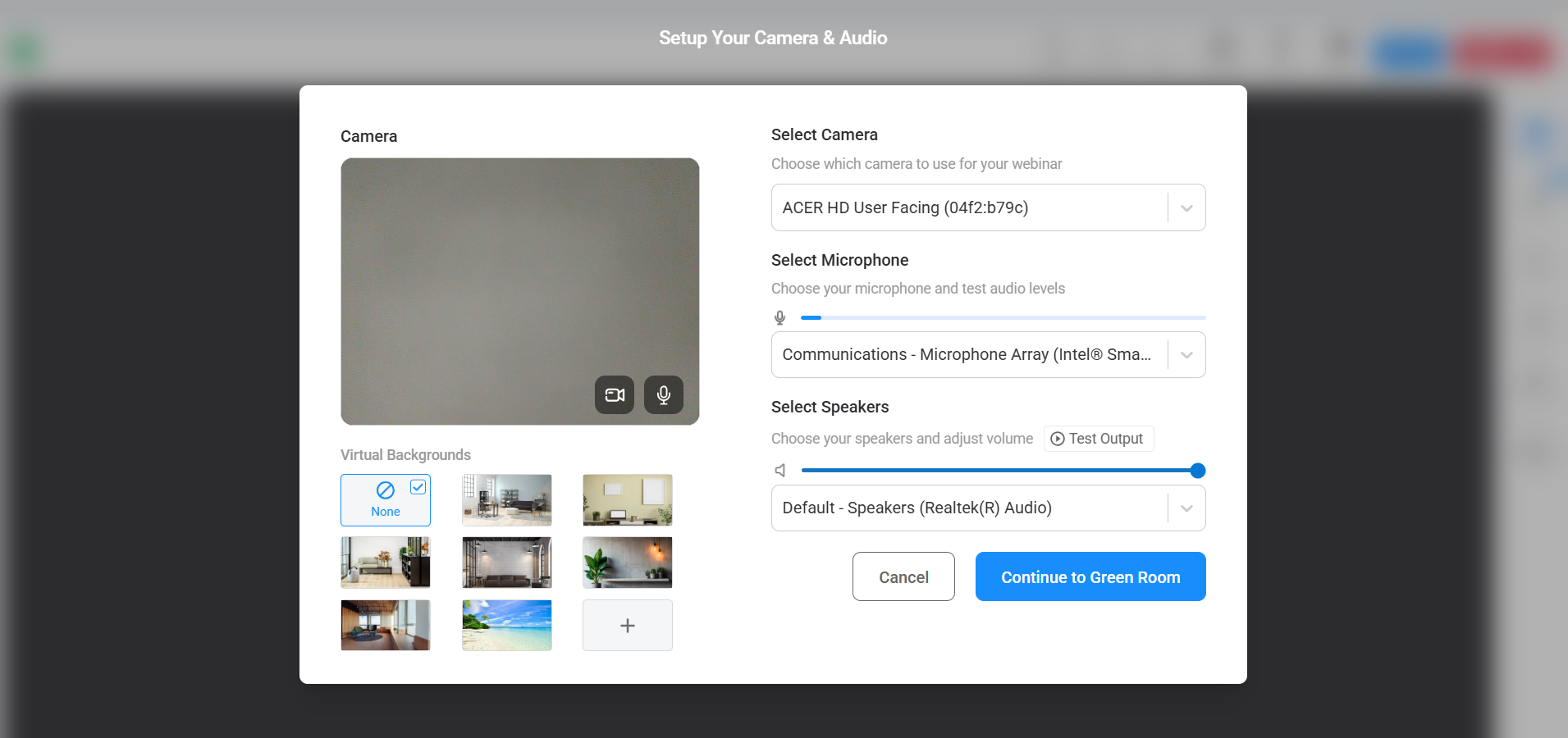 Screenshot of EasyWebinar "Setup Your Camera & Audio" modal, showing camera preview.