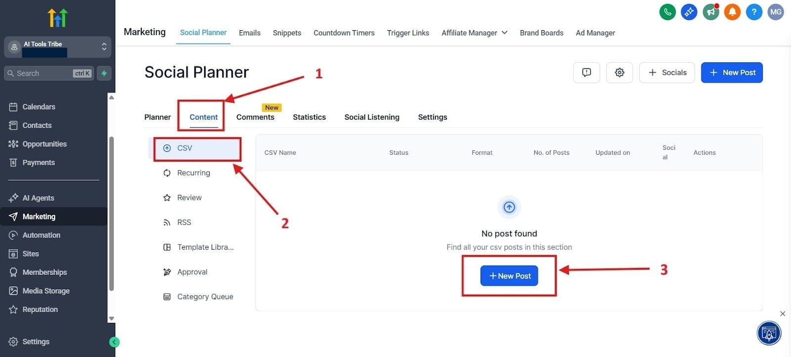 Examine the image to see how to do a CSV import.